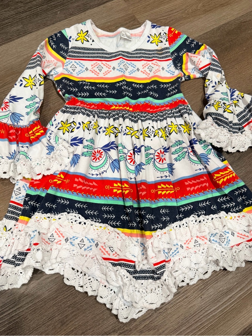 Girls' Multicolor Boho Lace-Hem Dress